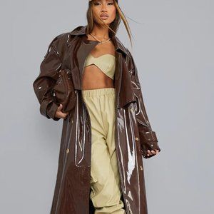 NWT CHOCOLATE VINYL PATENT PANEL DETAIL BELTED MAXI TRENCH COATa